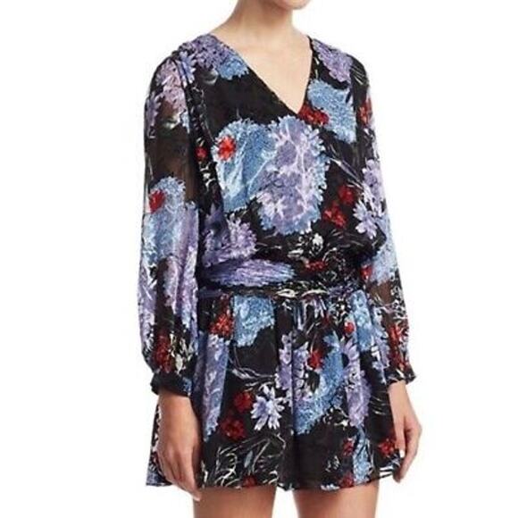 Alice + Olivia Tessie Burnout Floral Mini Dress Black Blue Sheer Drop Waist  2 - Picture 1 of 11